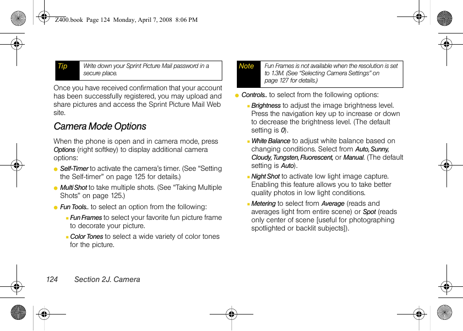 Camera mode options | Samsung Z400 User Manual | Page 140 / 213