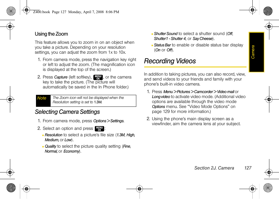 Selecting camera settings, Recording videos | Samsung Z400 User Manual | Page 143 / 213