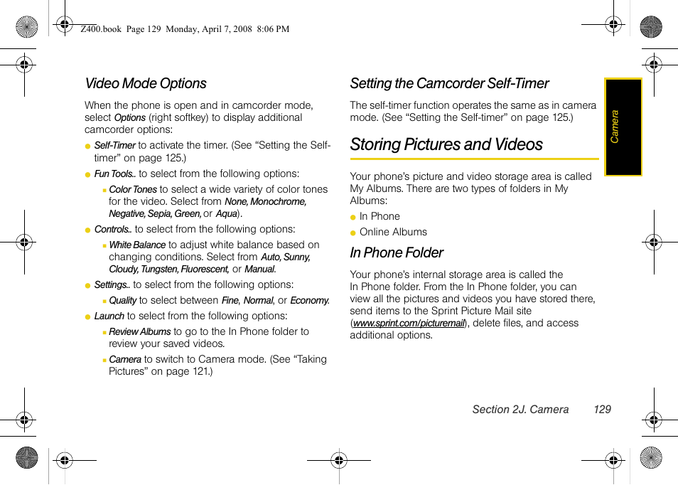 Video mode options, Setting the camcorder self-timer, Storing pictures and videos | In phone folder | Samsung Z400 User Manual | Page 145 / 213