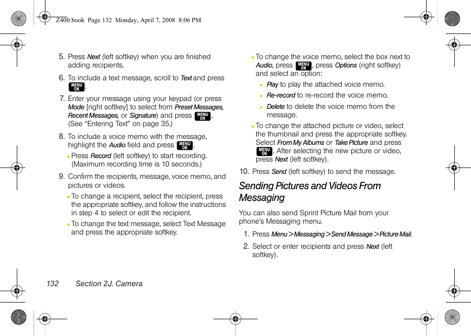 Sending pictures and videos from messaging | Samsung Z400 User Manual | Page 148 / 213