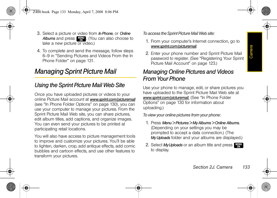 Managing sprint picture mail, Using the sprint picture mail web site | Samsung Z400 User Manual | Page 149 / 213