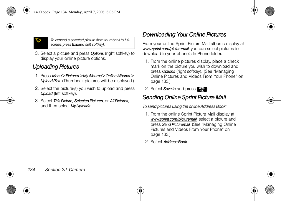 Uploading pictures, Downloading your online pictures, Sending online sprint picture mail | Samsung Z400 User Manual | Page 150 / 213