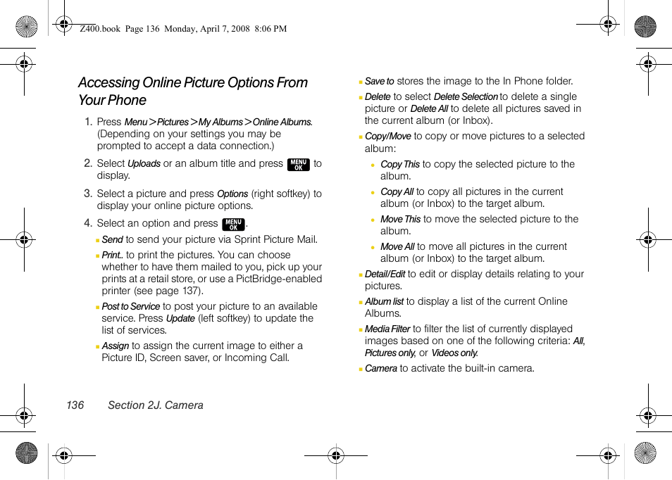 Accessing online picture options from your phone | Samsung Z400 User Manual | Page 152 / 213