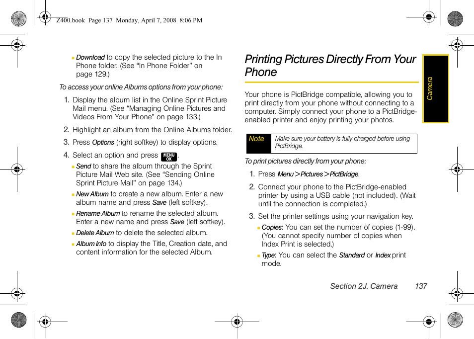 Printing pictures directly from your phone | Samsung Z400 User Manual | Page 153 / 213