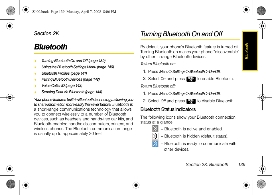 Bluetooth, Turning bluetooth on and off, 2k. bluetooth | Samsung Z400 User Manual | Page 155 / 213