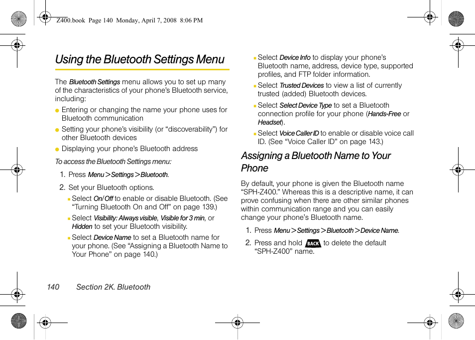 Using the bluetooth settings menu, Assigning a bluetooth name to your phone | Samsung Z400 User Manual | Page 156 / 213