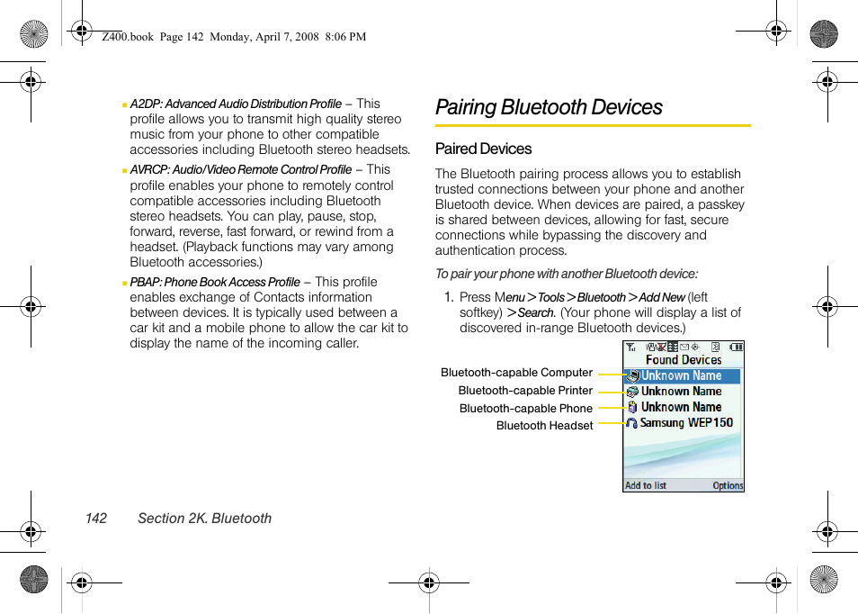 Pairing bluetooth devices | Samsung Z400 User Manual | Page 158 / 213