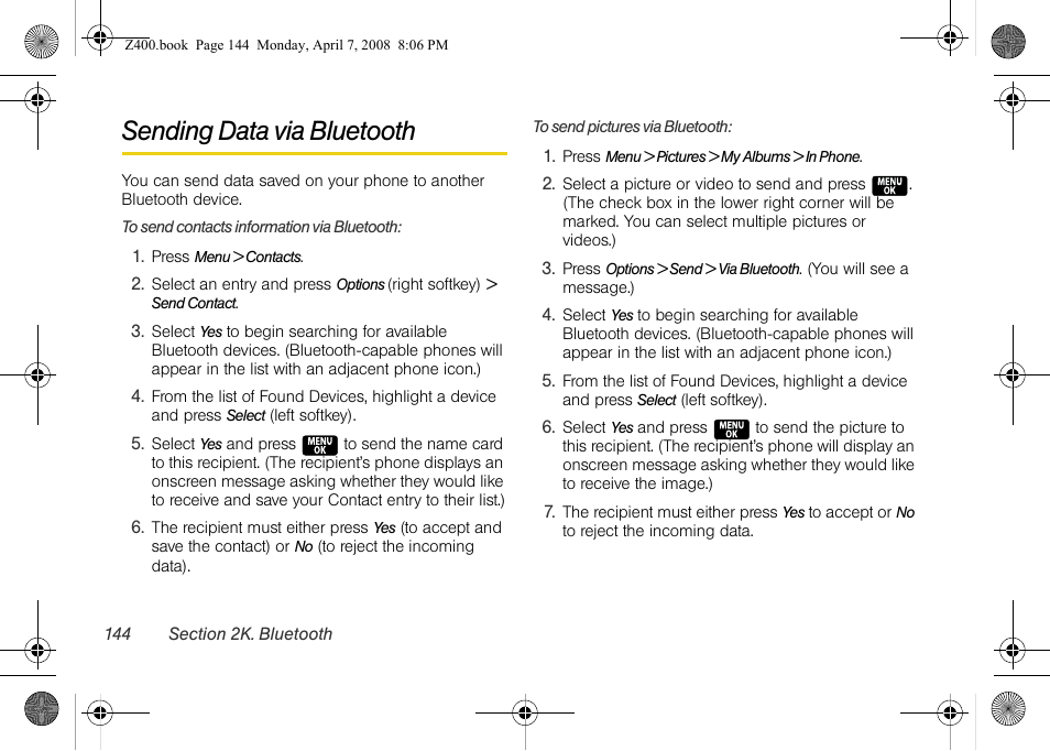 Sending data via bluetooth | Samsung Z400 User Manual | Page 160 / 213
