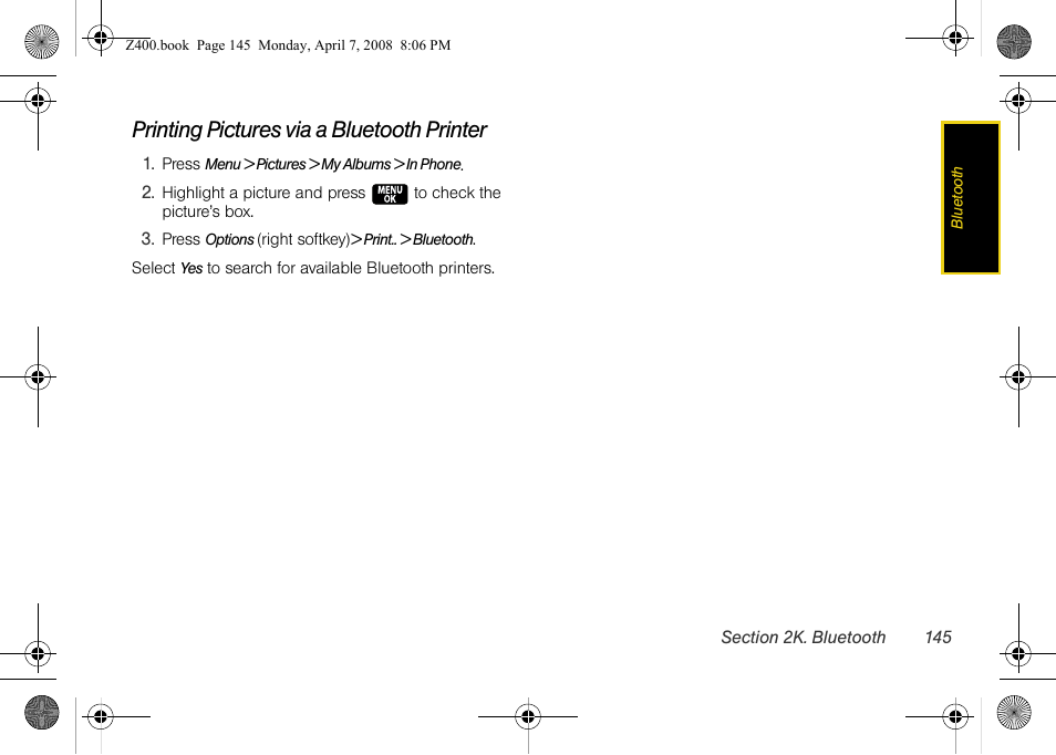 Printing pictures via a bluetooth printer | Samsung Z400 User Manual | Page 161 / 213
