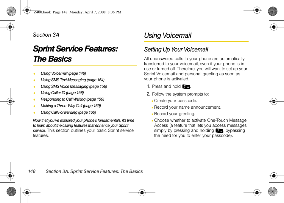 Sprint service features: the basics, Using voicemail, Setting up your voicemail | 3a. sprint service features: the basics, Sprint service features, The basics | Samsung Z400 User Manual | Page 164 / 213
