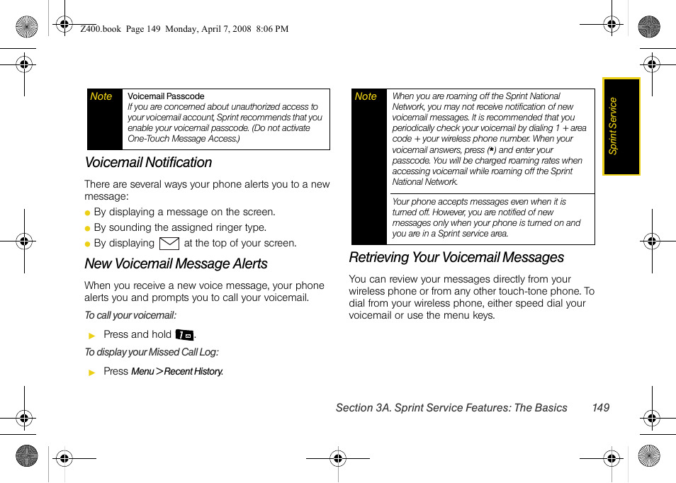 Voicemail notification, New voicemail message alerts, Retrieving your voicemail messages | Samsung Z400 User Manual | Page 165 / 213