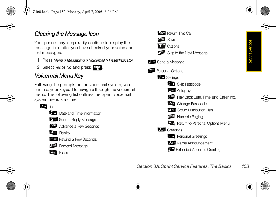 Clearing the message icon, Voicemail menu key | Samsung Z400 User Manual | Page 169 / 213