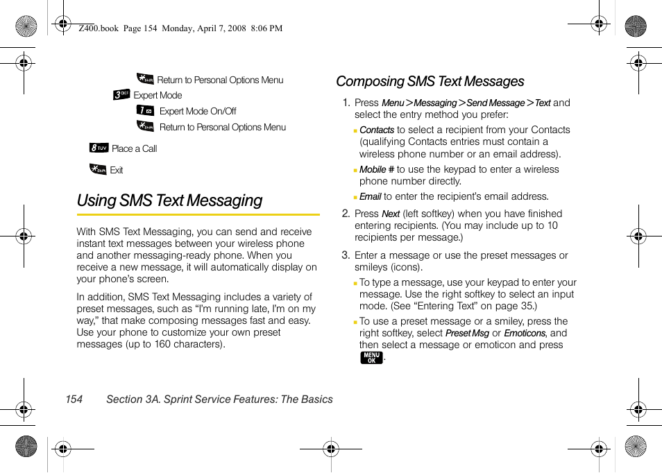 Using sms text messaging, Composing sms text messages | Samsung Z400 User Manual | Page 170 / 213