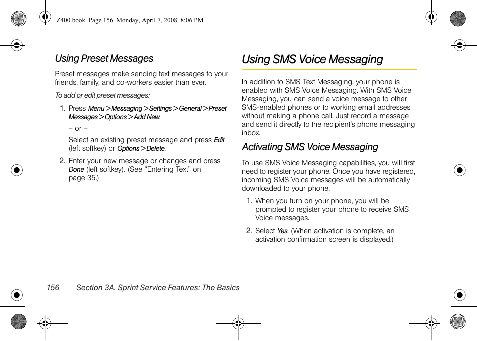 Using preset messages, Using sms voice messaging, Activating sms voice messaging | Samsung Z400 User Manual | Page 172 / 213