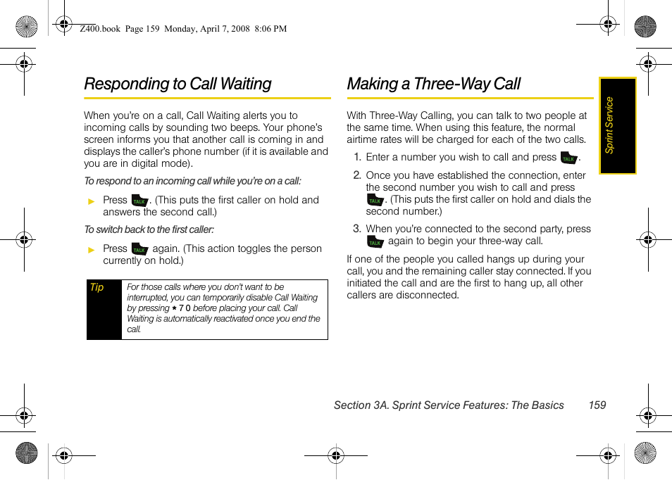 Responding to call waiting, Making a three-way call | Samsung Z400 User Manual | Page 175 / 213