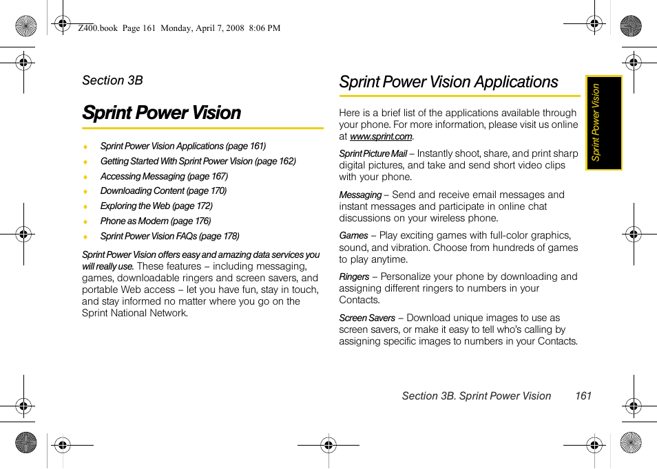 Sprint power vision, Sprint power vision applications, 3b. sprint power vision | Samsung Z400 User Manual | Page 177 / 213