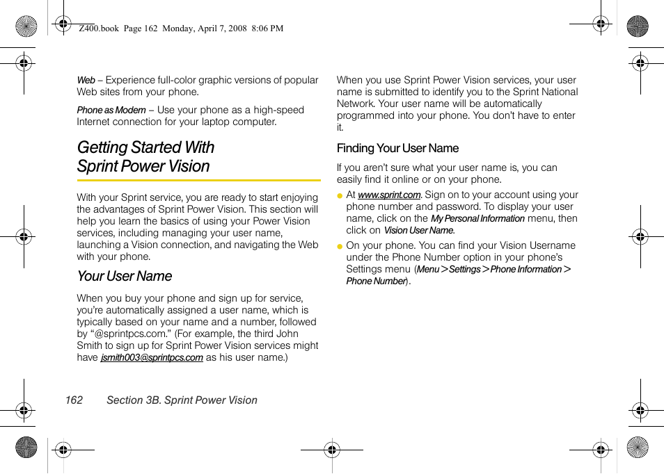 Getting started with sprint power vision, Your user name, Getting started with | Sprint power vision | Samsung Z400 User Manual | Page 178 / 213