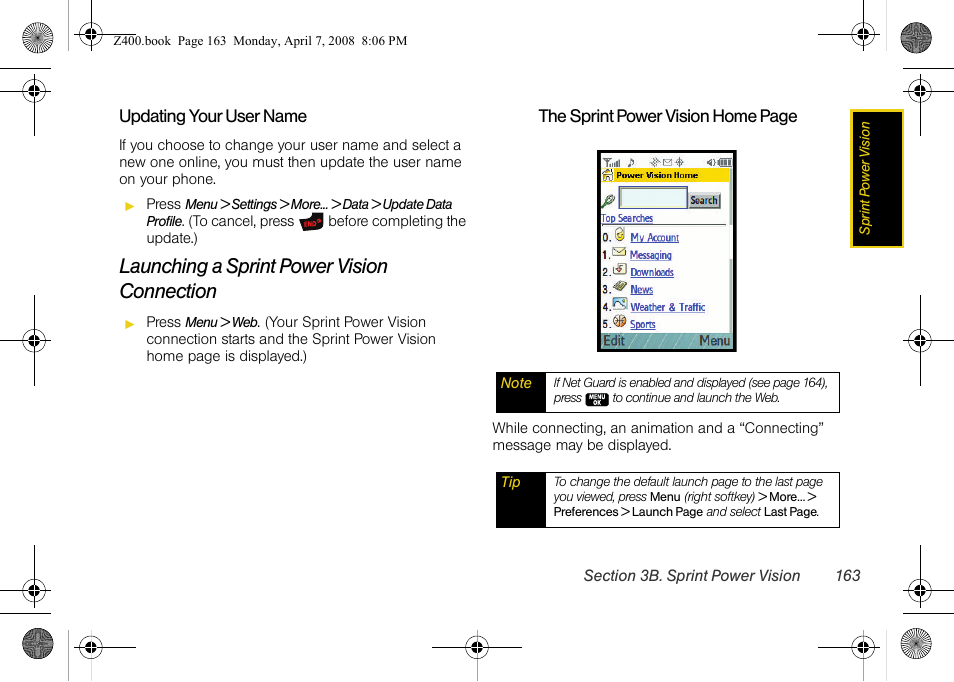 Launching a sprint power vision connection | Samsung Z400 User Manual | Page 179 / 213