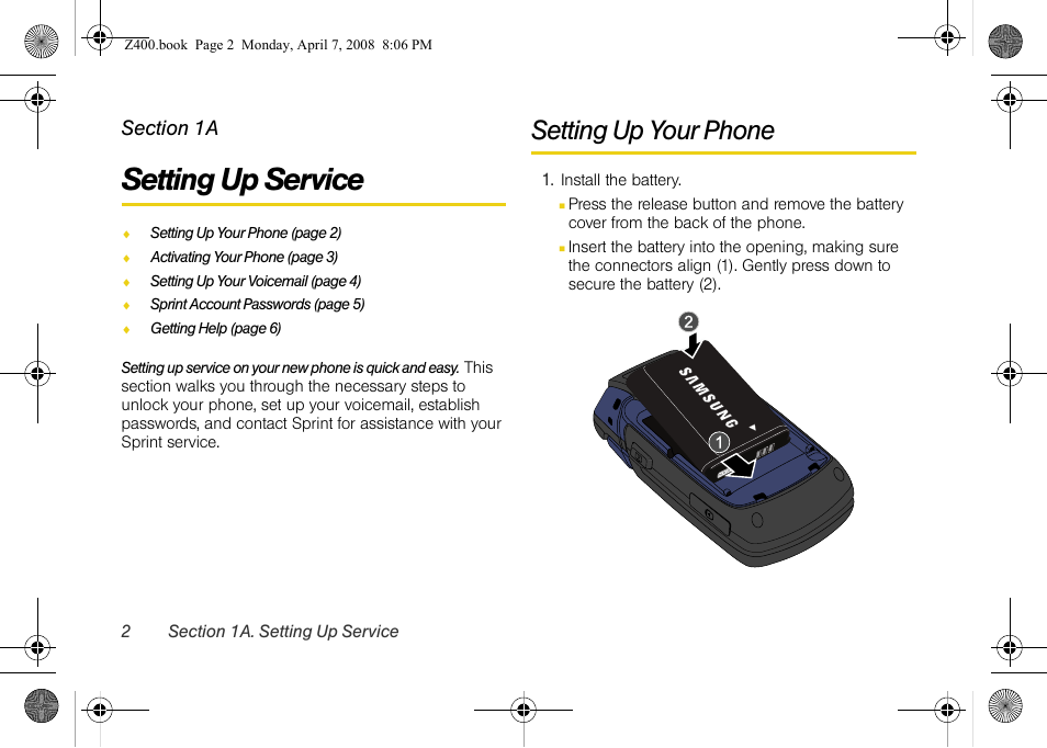 Setting up service, Setting up your phone, 1a. setting up service | Samsung Z400 User Manual | Page 18 / 213