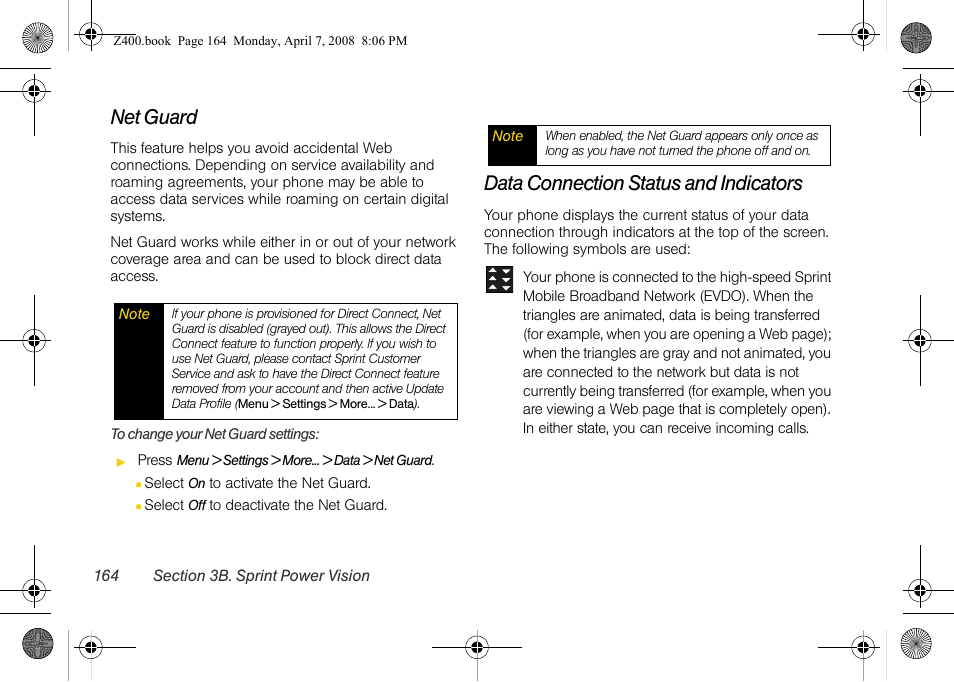 Net guard, Data connection status and indicators | Samsung Z400 User Manual | Page 180 / 213