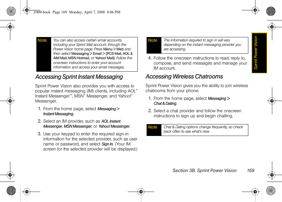 Accessing sprint instant messaging, Accessing wireless chatrooms | Samsung Z400 User Manual | Page 185 / 213