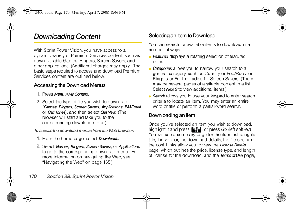 Downloading content | Samsung Z400 User Manual | Page 186 / 213