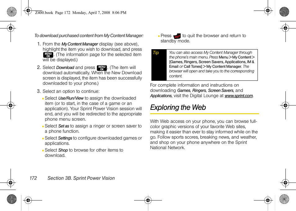 Exploring the web | Samsung Z400 User Manual | Page 188 / 213