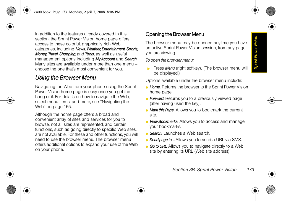 Using the browser menu | Samsung Z400 User Manual | Page 189 / 213