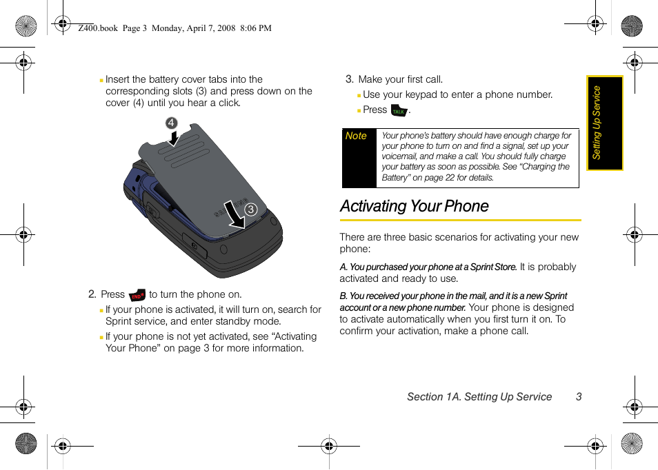 Activating your phone | Samsung Z400 User Manual | Page 19 / 213