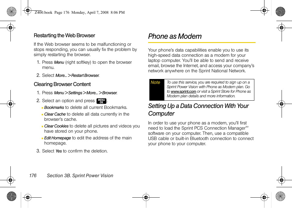 Phone as modem, Setting up a data connection with your computer | Samsung Z400 User Manual | Page 192 / 213