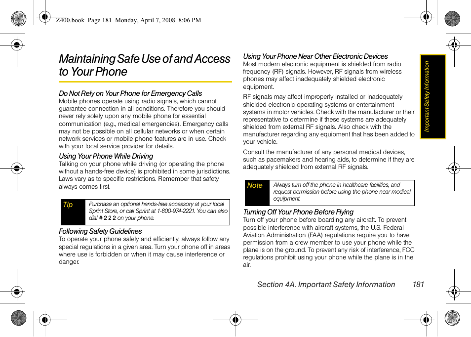 Maintaining safe use of and access to your phone, Maintaining safe use of and access to, Your phone | Samsung Z400 User Manual | Page 197 / 213