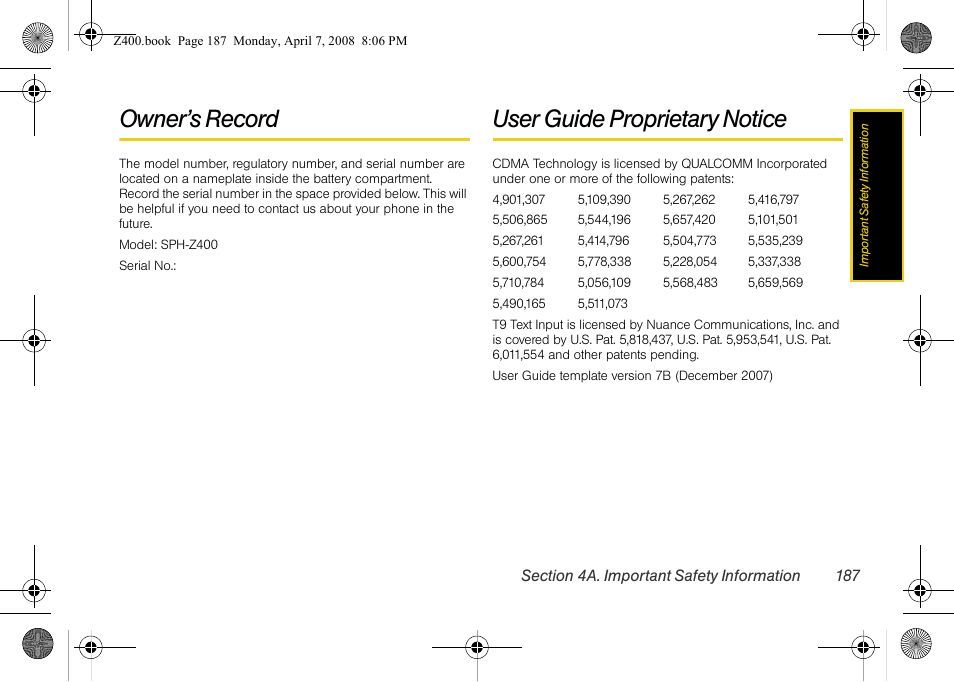 Owner’s record, User guide proprietary notice | Samsung Z400 User Manual | Page 203 / 213