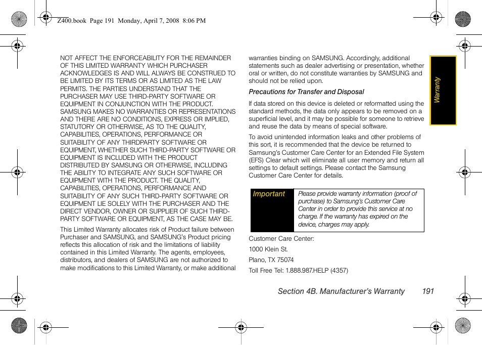 Samsung Z400 User Manual | Page 207 / 213