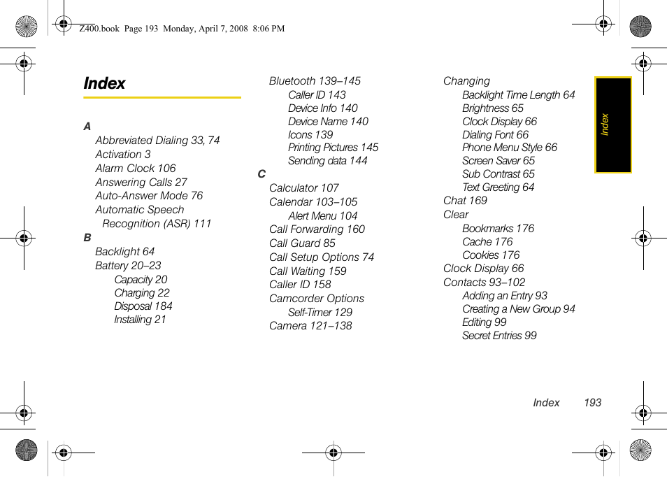 Index | Samsung Z400 User Manual | Page 209 / 213