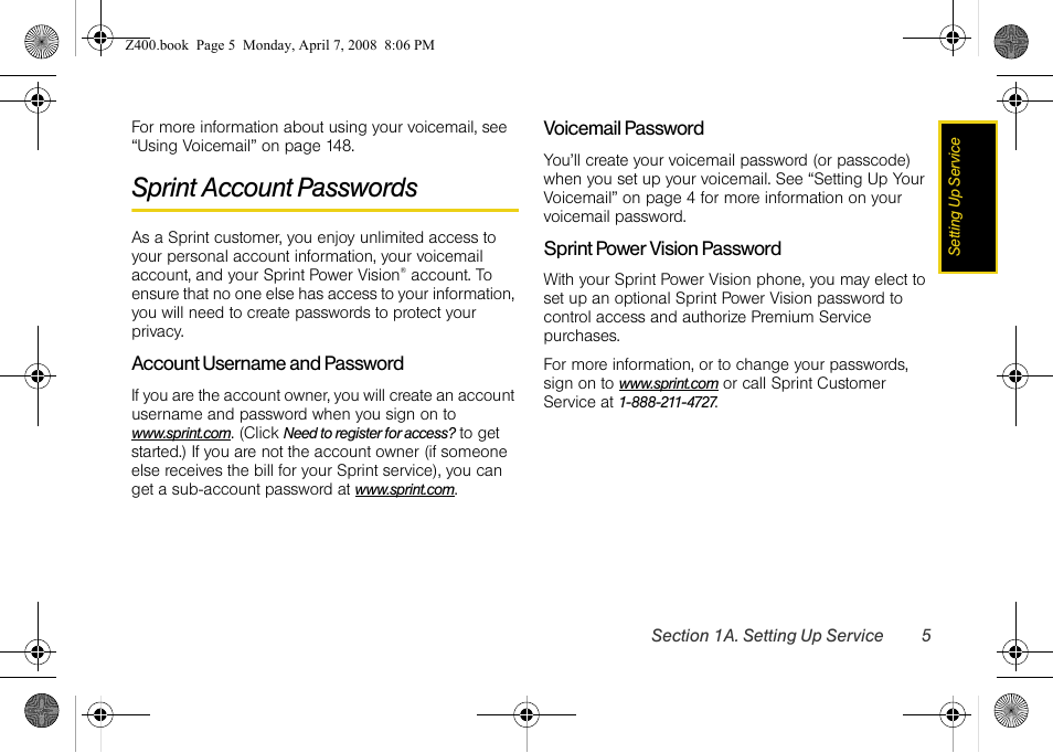 Sprint account passwords | Samsung Z400 User Manual | Page 21 / 213