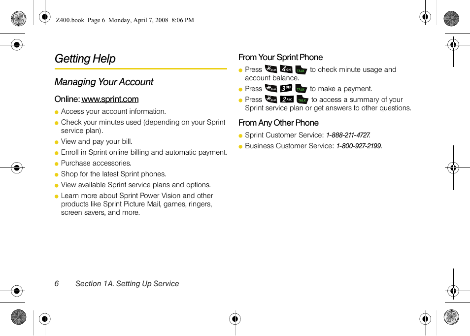 Getting help, Managing your account | Samsung Z400 User Manual | Page 22 / 213