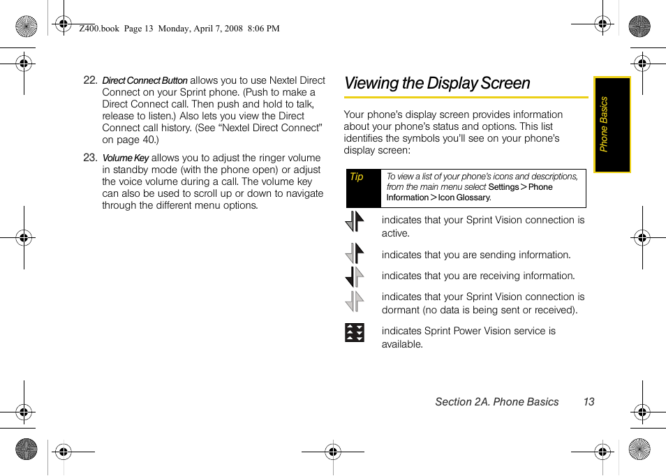 Viewing the display screen | Samsung Z400 User Manual | Page 29 / 213