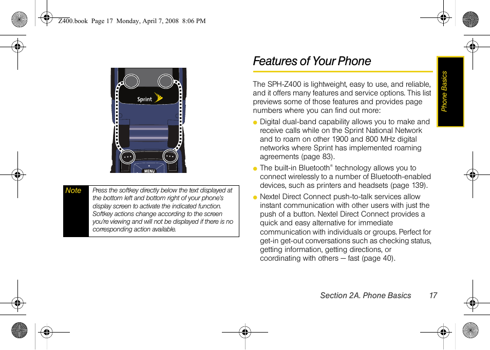 Features of your phone | Samsung Z400 User Manual | Page 33 / 213