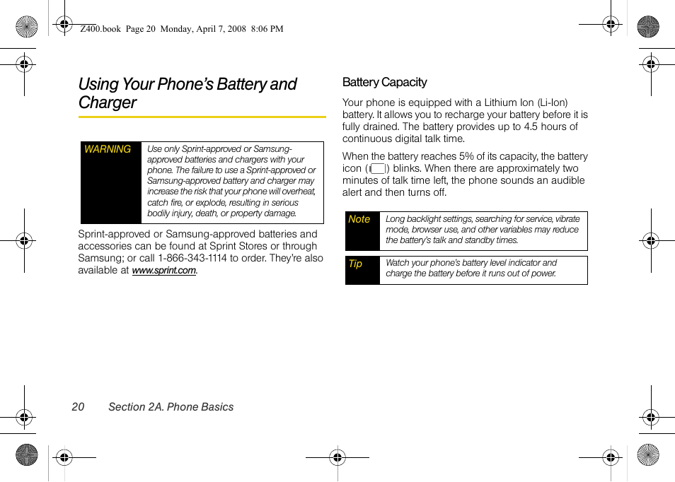 Using your phone’s battery and charger | Samsung Z400 User Manual | Page 36 / 213