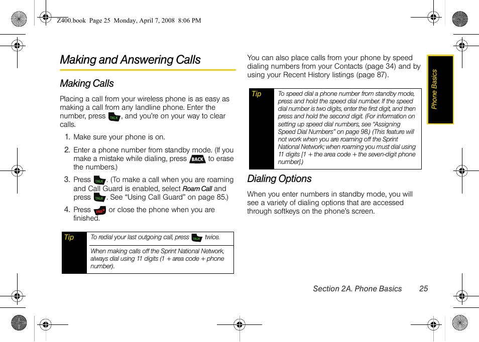 Making and answering calls, Making calls, Dialing options | Samsung Z400 User Manual | Page 41 / 213