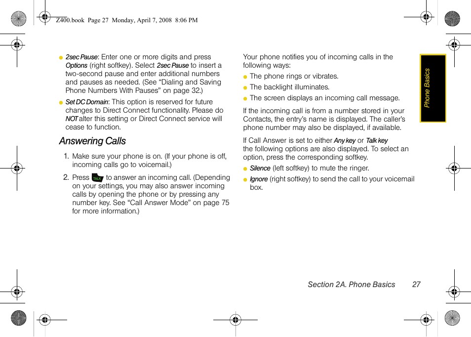 Answering calls | Samsung Z400 User Manual | Page 43 / 213