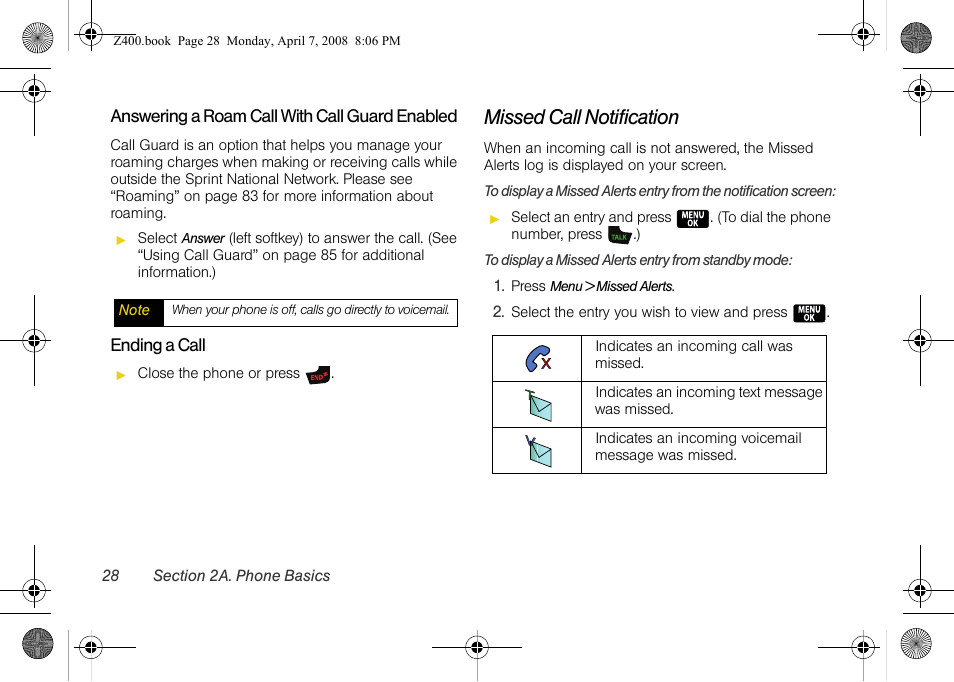 Missed call notification | Samsung Z400 User Manual | Page 44 / 213