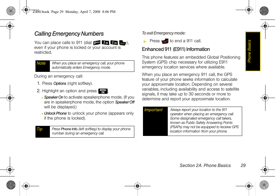 Calling emergency numbers | Samsung Z400 User Manual | Page 45 / 213