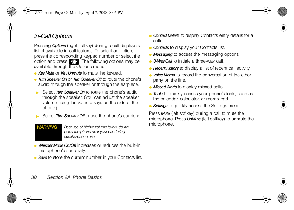 In-call options | Samsung Z400 User Manual | Page 46 / 213