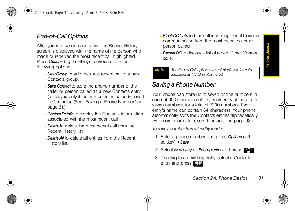 End-of-call options, Saving a phone number | Samsung Z400 User Manual | Page 47 / 213