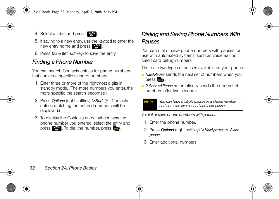 Finding a phone number, Dialing and saving phone numbers with pauses | Samsung Z400 User Manual | Page 48 / 213