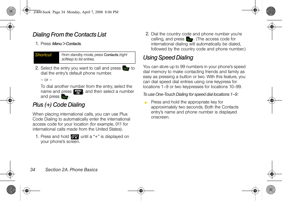 Dialing from the contacts list, Plus (+) code dialing, Using speed dialing | Samsung Z400 User Manual | Page 50 / 213