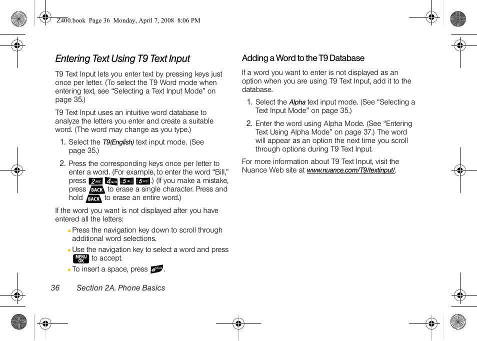 Entering text using t9 text input | Samsung Z400 User Manual | Page 52 / 213