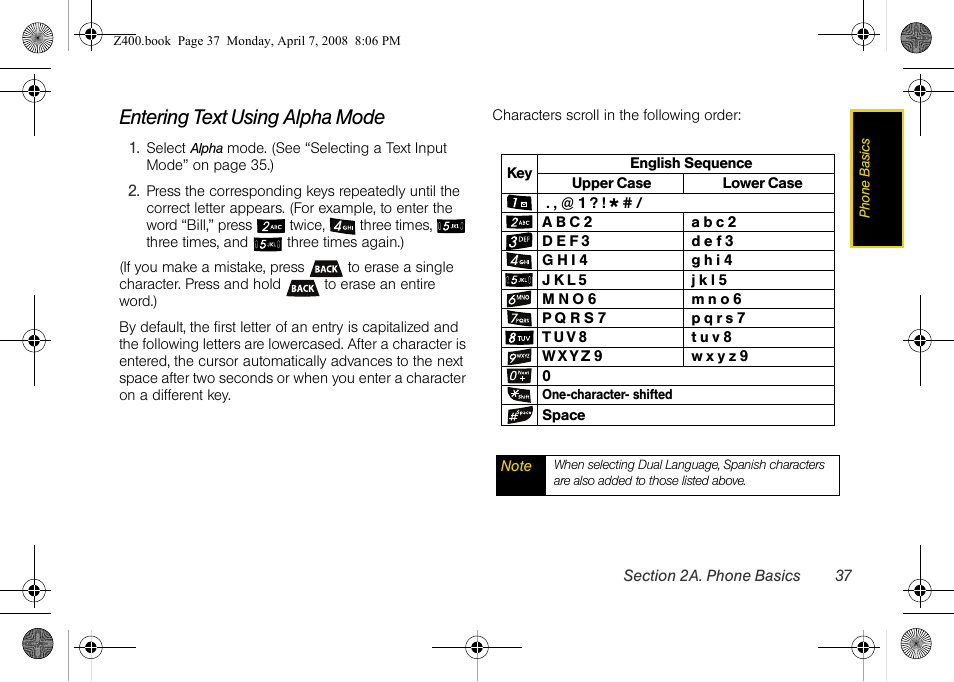 Entering text using alpha mode | Samsung Z400 User Manual | Page 53 / 213