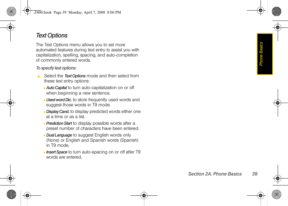 Text options | Samsung Z400 User Manual | Page 55 / 213